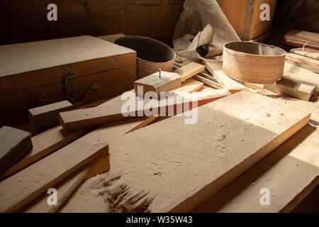 Interior traditional woodworking tool shop with variety