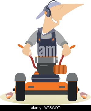 Cartoon lawnmower illustration. Comic smiling lawnmower mows the lawn isolated on white Stock Vector