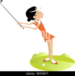 Young golfer woman on the golf course illustration. Cartoon golfer woman aiming to do a good kick isolated on white Stock Vector