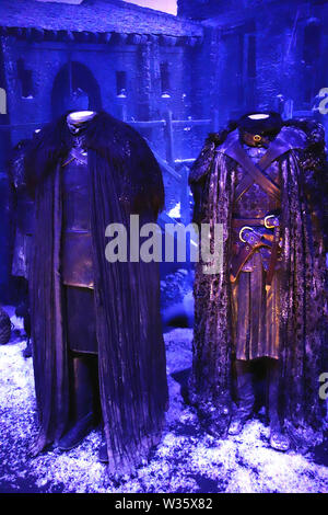 Costumes worn by Jon Snow & Ser Alliser Thorne on Display in the Game of Thrones Exhibition, Belfast, County Antrim, Northern Ireland, UK. Stock Photo