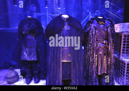 Costumes worn by Jon Snow & Ser Alliser Thorne on Display in the Game of Thrones Exhibition, Belfast, County Antrim, Northern Ireland, UK. Stock Photo