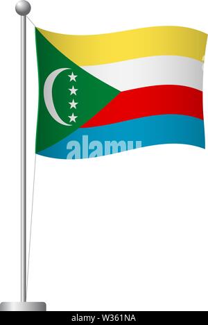 Comoros flag on pole. Metal flagpole. National flag of Comoros vector illustration Stock Vector