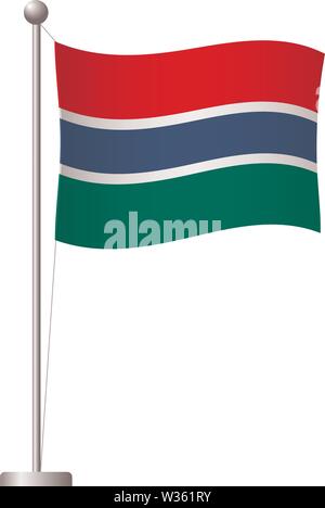 Gambia flag on pole. Metal flagpole. National flag of Gambia vector illustration Stock Vector