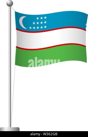 Uzbekistan flag on pole. Metal flagpole. National flag of Uzbekistan vector illustration Stock Vector