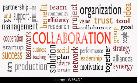 Collaboration concept in word cloud isolated on white background - Illustration Stock Photo