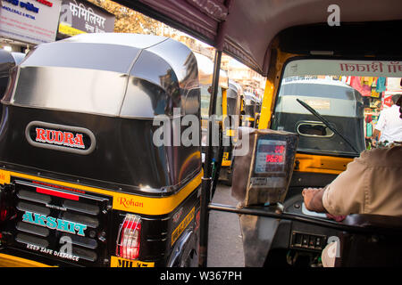 Mumbai, Maharashtra, india - JUNE 4th, 2019 : Inside View from indian an auto-rickshaws traffic - Image Stock Photo