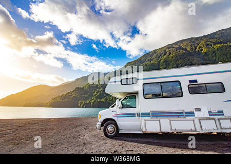 Motorhome in Chilean Argentine mountain Andes. Family trip travel vacation on Motorhome RV in Andes Stock Photo