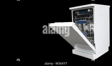 Dishwasher machine isolated on a black background. Internal shelves of dishwasher for the distribution of dishes and a basket for cutlery. Brand New O Stock Photo