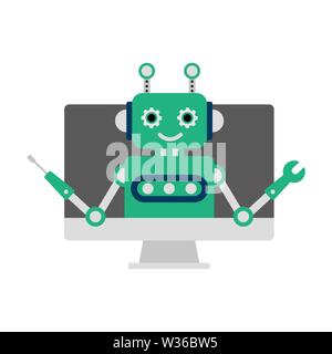 Robot with screwdriver and wrench on a white background. Cartoon style. Vector illustration. Stock Vector
