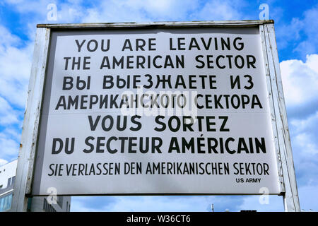 information sign at the Former Checkpoint Charlie, inner-city border crossing West Berlin to East Berlin, Berlin, Germany, Europe Stock Photo