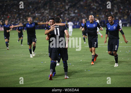 Los Angeles, CA, USA. 12th July, 2019. Quake players celebrate after a game-tying goal by San Jose Earthquakes midfielder Valeri Kazaishvili (11) during the game between the San Jose Quakes and the Los Angeles Galaxy at Dignity Health Sports Park in Los Angeles, CA., USA. (Photo by Peter Joneleit) Credit: csm/Alamy Live News Stock Photo