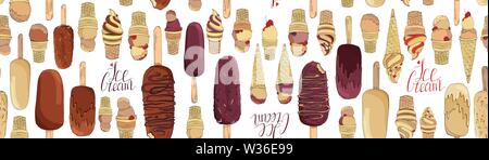 Vector seamless pattern. Endless textures with hand drawn chocolate ice cream. Creative decoration for bar, cafe, menu, ice cream or sweet shop Stock Vector