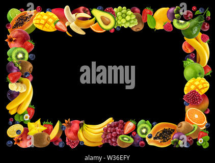 Frame made of different fruits and berries, on black background Stock Photo