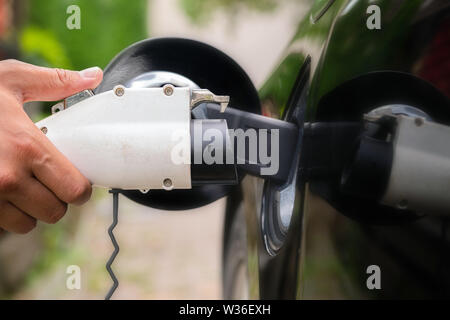 Mans hand inserting charger plug into electric car in green environment background. New energy vehicle, NEV is being loaded with electricity power. Ec Stock Photo