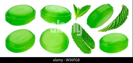 Green mint hard candies isolated on white background Stock Photo