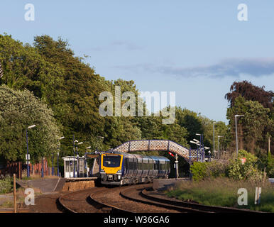 Brand new Northern rail class 195 train at Arnside on First day for new CAF class 195's in passenger service with a Barrow to Manchester Airport train Stock Photo