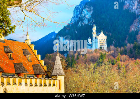 Neuschwanstein and details of Hohenschwangau Castle in Germany, Bavaria, mountains view Stock Photo