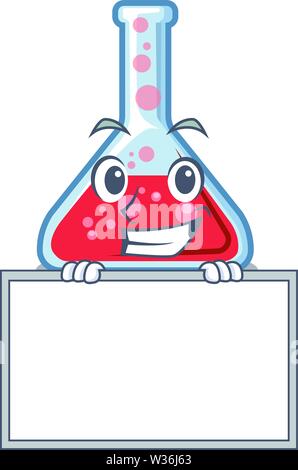 Grinning with board erlenmeyer flask isolated in the mascot Stock Vector