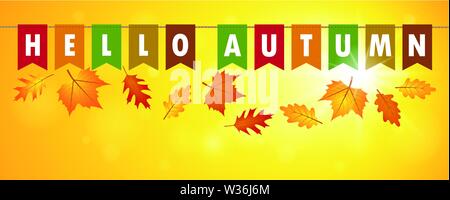 hello autumn party flags banner on yellow sunny background with falling leaves vector illustration EPS10 Stock Vector