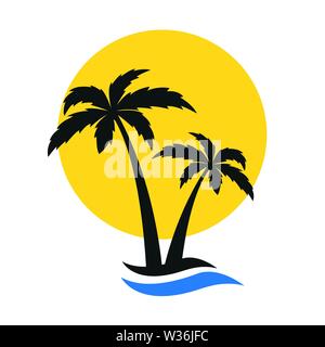 palm tree silhouette summer holiday icon with sun and wave vector illustration EPS10 Stock Vector