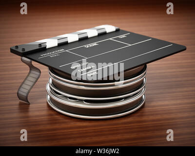 Film reels, clapboard and film roll arranged like graduation cap. 3D illustration. Stock Photo