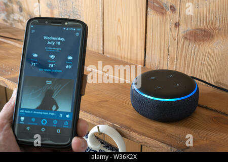 Amazon Alexa app on a mobile phone controlling output from an Echo dot speaker. Stock Photo