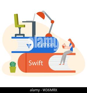 Vector illustration with people on stack of books, studying manual, working on computer. Flat style. Background for the programming landing page. Desi Stock Vector