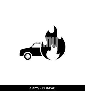 Burning Fire Car. Flat Vector Icon. Simple black symbol on white background Stock Vector