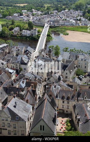 Chinon, France. Picturesque aerial view of Chinon, with the River Vienne and the village of Le Faubourg Saint-Jacques in the background. Stock Photo