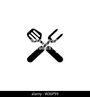 BBQ Grill Tools. Crossed Barbecue Fork with Spatula. Flat Vector Icon. Simple black symbol on white background Stock Vector