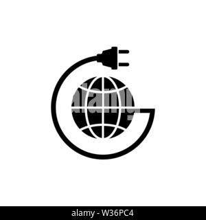 Earth Globe with Power Cable. Flat Vector Icon. Simple black symbol on white background Stock Vector