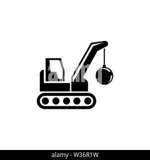 Demolition Building Machine, Crane with Wrecking Ball. Flat Vector Icon illustration Simple black symbol on white background. Demolition Ball Machine Stock Vector