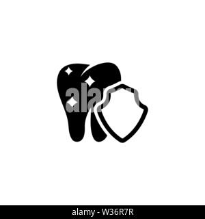 Tooth Protection, Dental Care Shield. Flat Vector Icon illustration. Simple black symbol on white background. Tooth Protection, Dental Care Shield sig Stock Vector