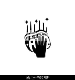 Hand Holding Sponge, Scrubbing Surface. Flat Vector Icon illustration. Simple black symbol on white background. Hand Holding Sponge Scrubbing Surface Stock Vector