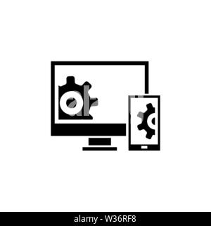 Settings Smartphone and PC, Repair Gear. Flat Vector Icon illustration. Simple black symbol on white background. Settings Smartphone PC, Repair Gear s Stock Vector