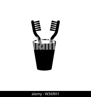 Glass with Toothbrushes. Flat Vector Icon illustration. Simple black symbol on white background. Glass with Toothbrushes sign design template for web Stock Vector