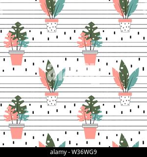 cute lovely seamless vector pattern background illustration with tropical house plants Stock Vector