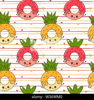 cute cartoon character strawberry donut and pineapple donut funny seamless vector pattern illustration on striped background Stock Vector