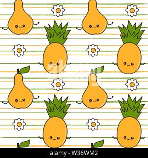cute colorful cartoon seamless vector pattern background illustration with character pineapples and pears Stock Vector