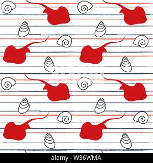 cute lovely summer marine striped seamless vector pattern illustration with stingray and seashells on striped background Stock Vector