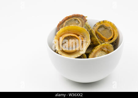 Commom limpets, Patella vulgata, that have been gathered while seashore foraging in Dorset. They will be used to make a dish popular in the Azores cal Stock Photo