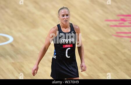 Liverpool, UK. 13th July, 2019. Laura Langman (New Zealand) during the Preliminary game between New Zealand and Barbados at the Netball World Cup. M and S arena, Liverpool, UK Credit: Sport In Pictures/Alamy Live News Stock Photo