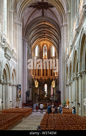 Notre Dame Cathedral; 1077; interior, main altar, Norman then Gothic architecture, vaulted ceiling, medieval; Catholic church; religious building, nat Stock Photo