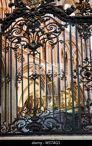 Notre Dame Cathedral; 1077; ornate iron grill, interior walls, medieval; old Catholic church; religious building, Europe, Normandy; Bayeux; France; su Stock Photo
