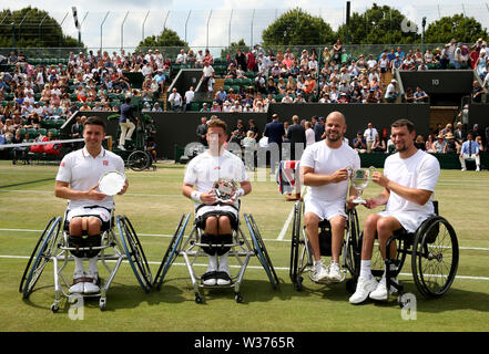 Joachim Gerard and Stefan Olsson following their victory over Gordon Reid and Alfie Hewett in the men's wheelchair doubles final on day twelve of the Wimbledon Championships at the All England Lawn Tennis and Croquet Club, Wimbledon. Stock Photo