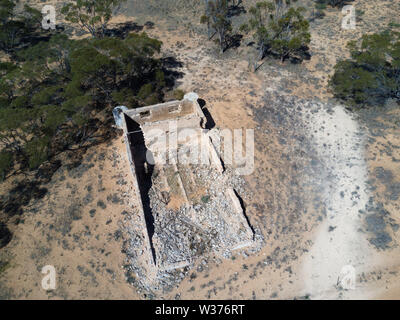 Aerial of abandoned stone farm house built by the early pioneers of the district near Kyancutta Eyre Peninsula South Australia Stock Photo