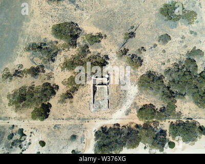 Aerial of abandoned stone farm house built by the early pioneers of the district near Kyancutta Eyre Peninsula South Australia Stock Photo