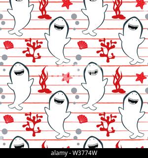 cute lovely cartoon summer marine striped seamless vector pattern background illustration with sharks, seashells, corals and starfishes Stock Vector