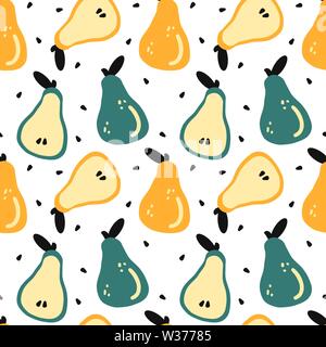 cute colorful hand drawn fresh pears seamless vector pattern background illustration Stock Vector
