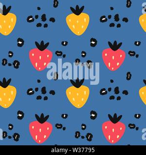 abstract modern seamless vector pattern background illustration with strawberries and animal print with leopard dots Stock Vector